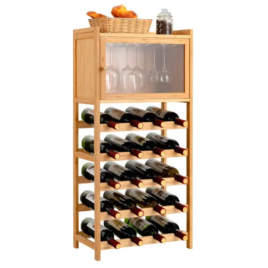 20-Bottle Freestanding Bamboo Wine Rack Cabinet with Display Shelf and Glass Hanger-Natural