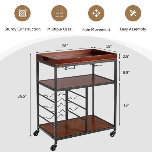 3 Tiers Storage Bar Serving Cart with Wine Rack