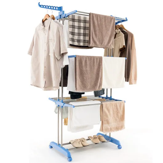 4-tier Folding Clothes Drying Rack with Rotatable Side Wings-Blue