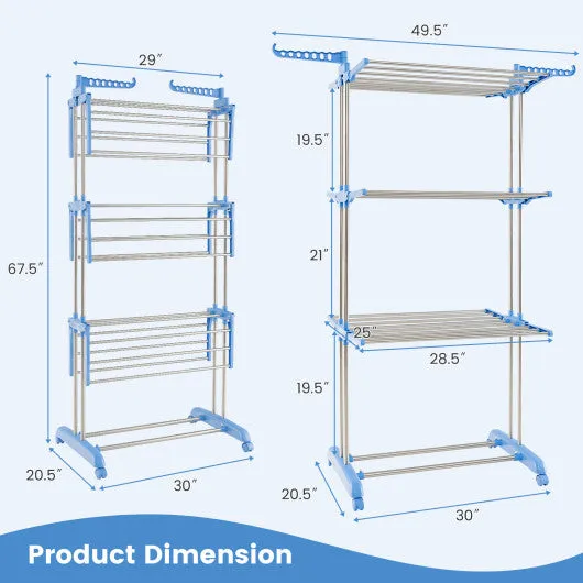 4-tier Folding Clothes Drying Rack with Rotatable Side Wings-Blue