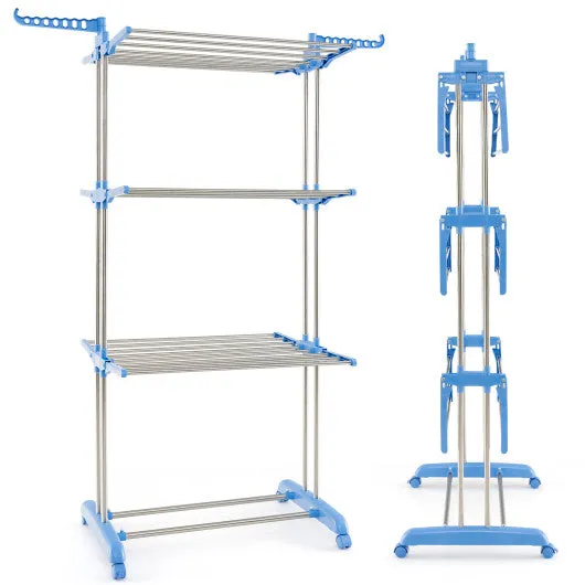 4-tier Folding Clothes Drying Rack with Rotatable Side Wings-Blue