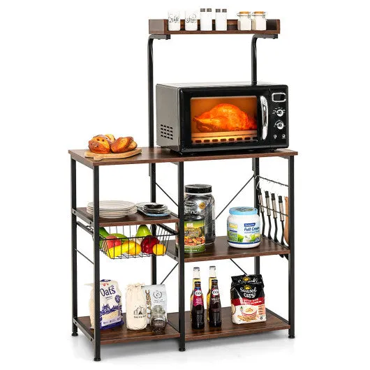 4-tier Kitchen Baker's Rack with Basket and 5 Hooks-Dark Brown