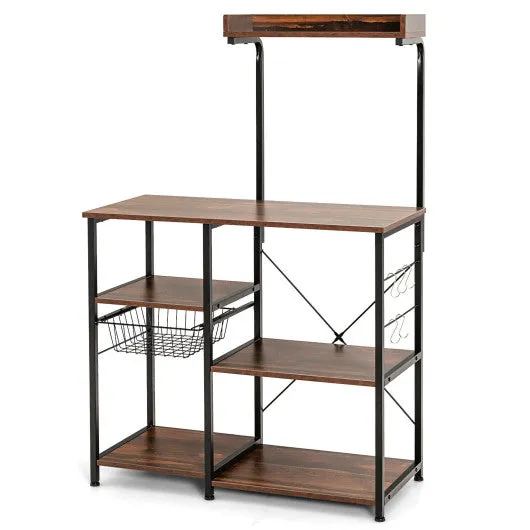 4-tier Kitchen Baker's Rack with Basket and 5 Hooks-Dark Brown