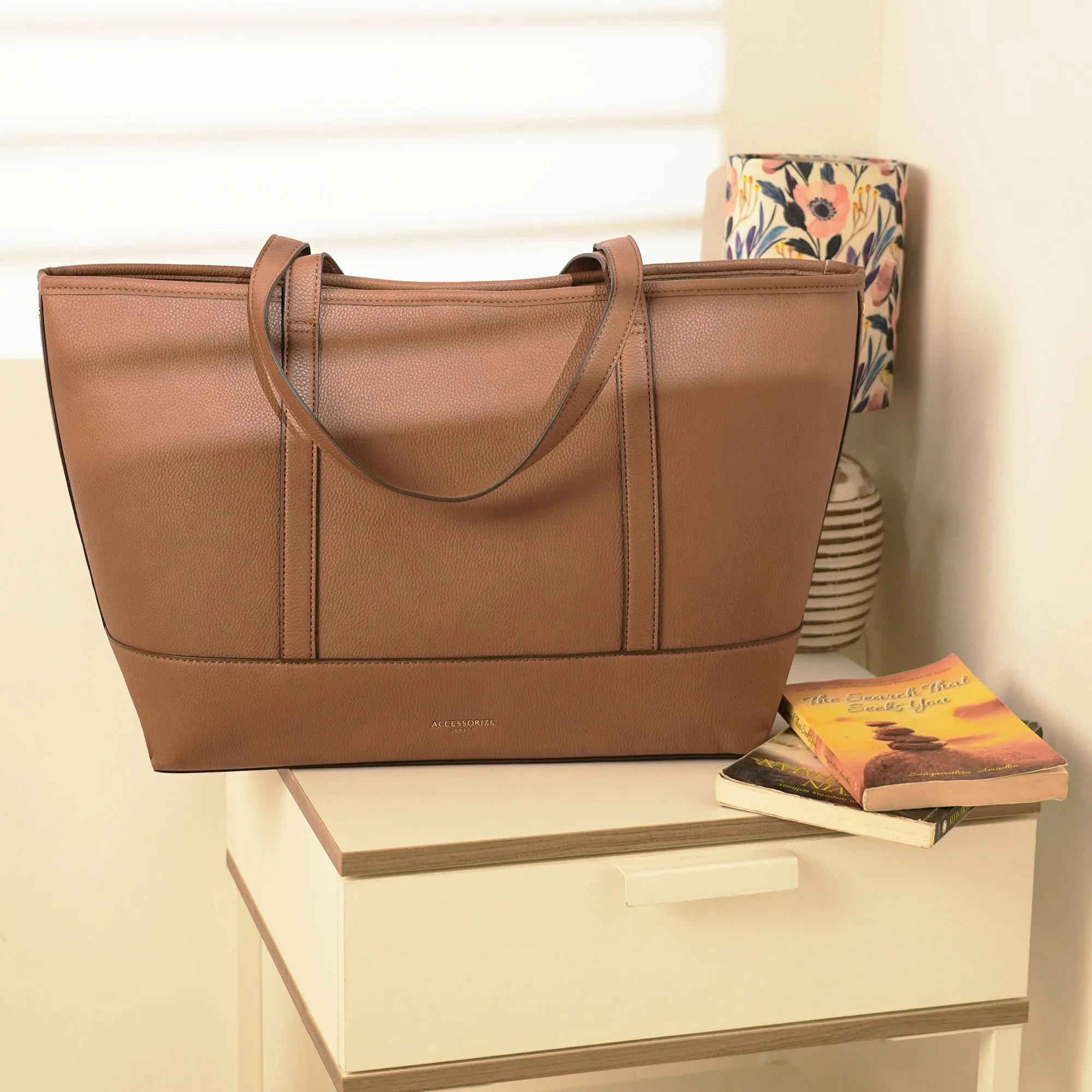 Accessorize London Women's Faux Leather Brown Large 14 Inch Laptop Work Tote Bag