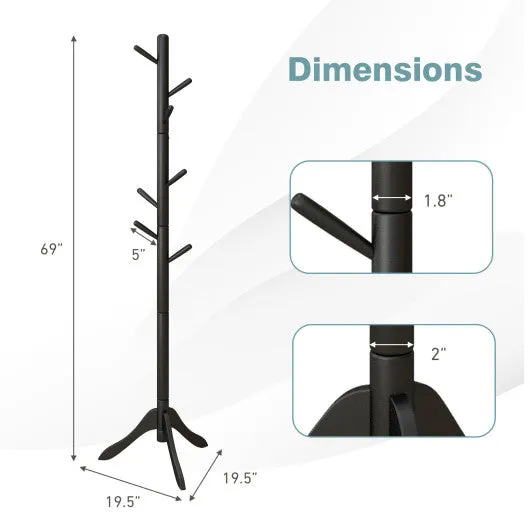 Adjustable Wooden Tree Coat Rack with 8 Hooks-Black