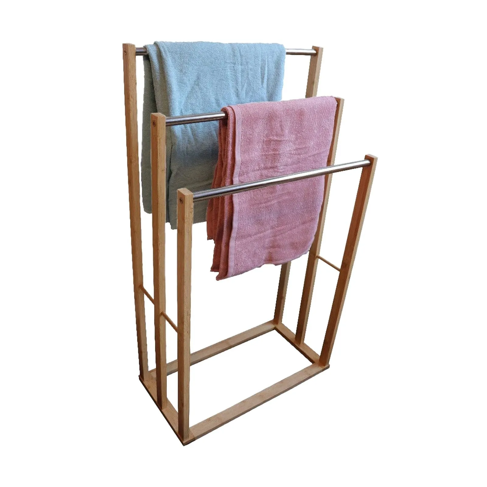 Bamboo Towel Bar Metal Holder Rack 3-Tier Freestanding for Bathroom and Bedroom