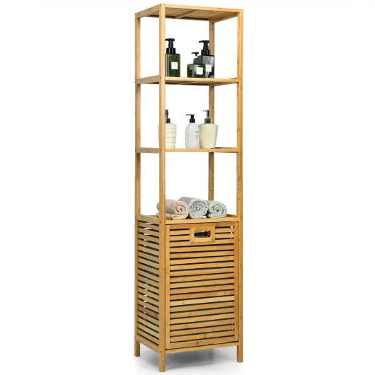 Bamboo Tower Hamper Organizer with 3-Tier Storage Shelves-Natural