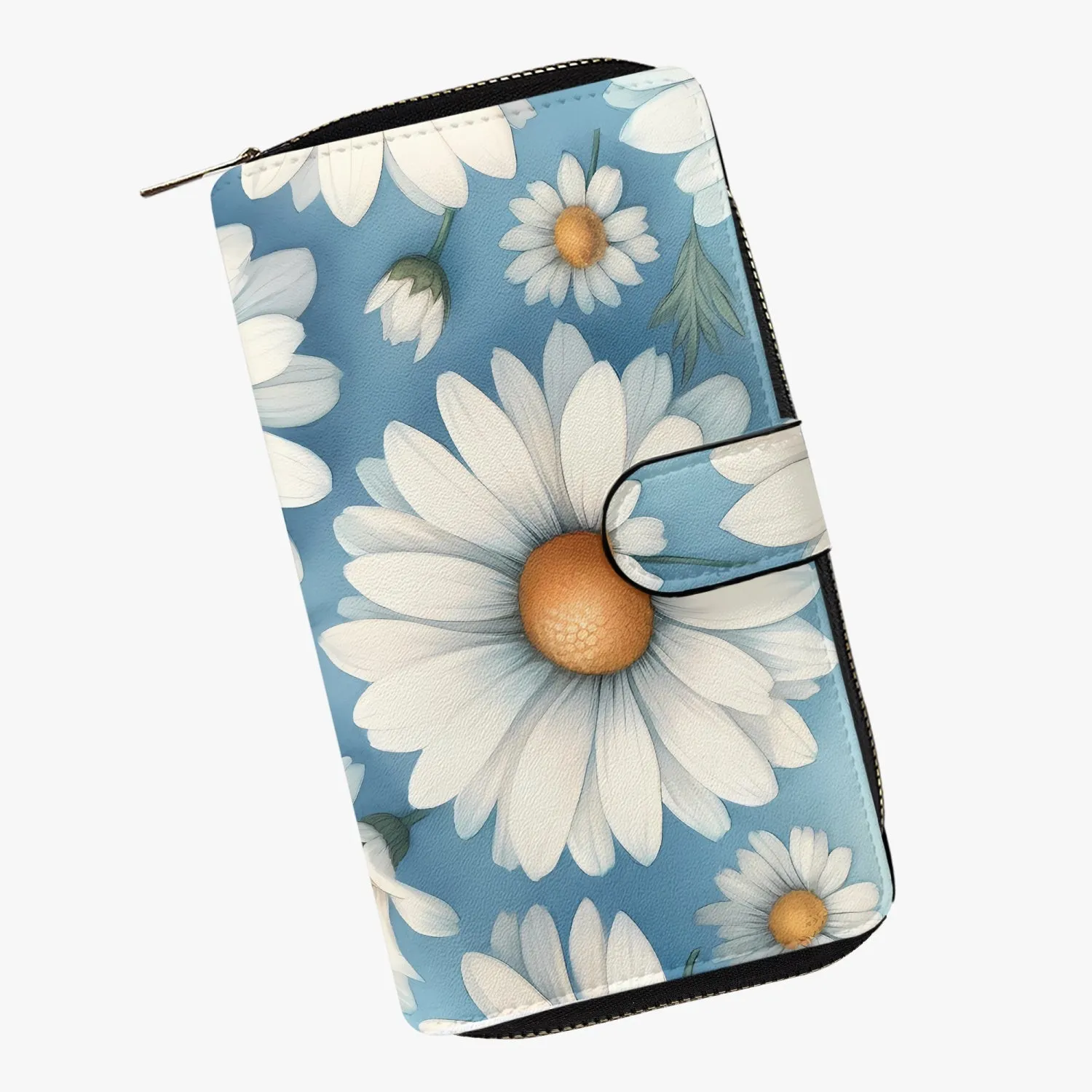 Blue with white flowers | Long Leather Wallet