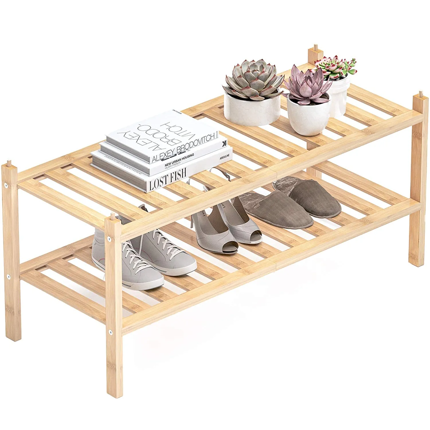 Dranixly 2-Tier Bamboo Shoe Rack Stackable Storage Organizer