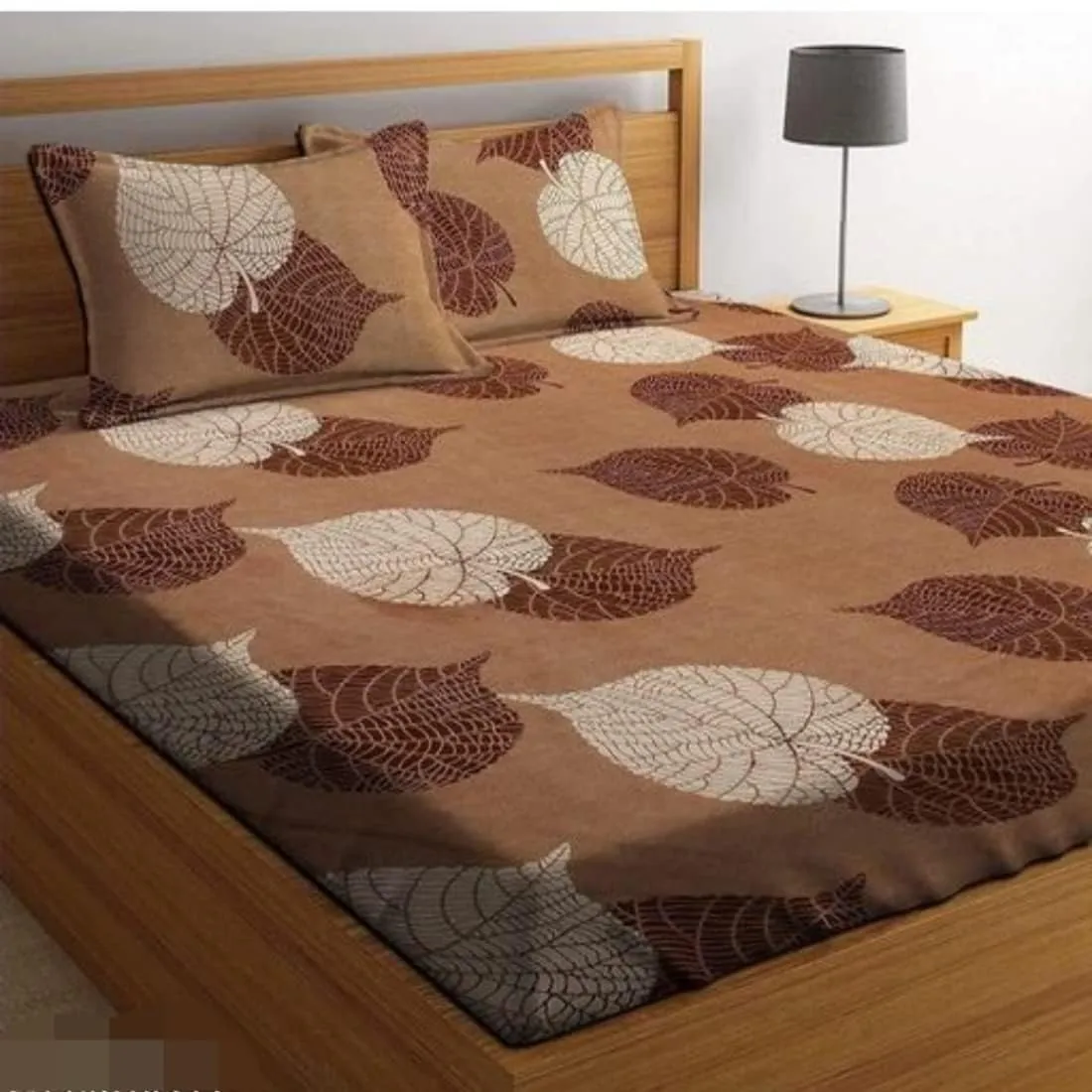 DREAMLINEN The Cotton Feel Glace Cotton Elastic Fitted Printed King Size Double Bed Bedsheet with 2 Pillow Cover (72"x78") (Brown (Leaf))