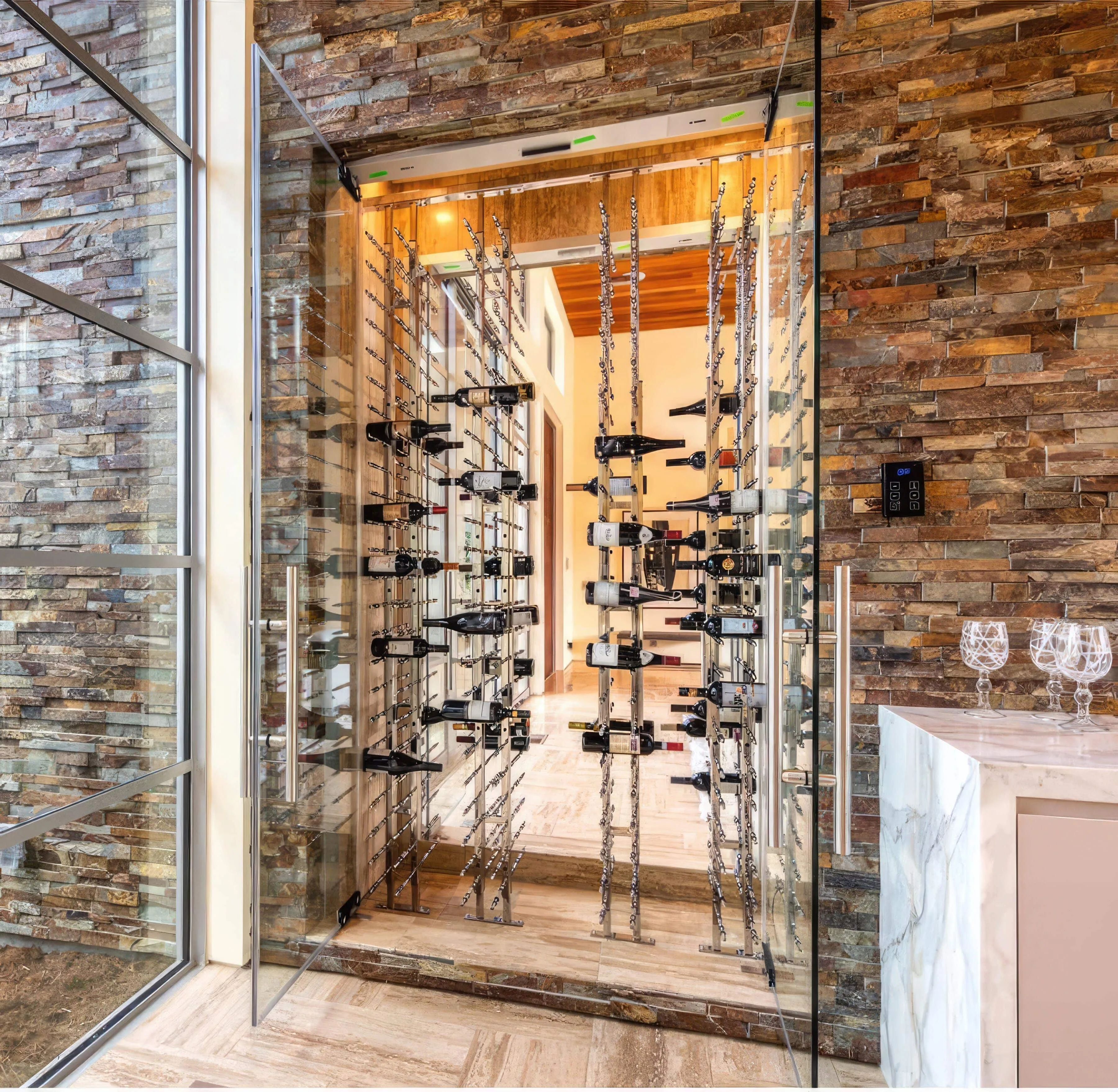 Floor to Ceiling Mounted Wine Rack Display — 2-sided (84 Bottles)