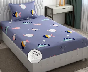 FRESH FROM LOOM Glace Cotton Wrinkle Free Soft Hypoallergenic Elastic Fitted Bed Sheet | Cartoon Printed Bedsheets for Kids with 1 Pillow (Size - 36 x 78 Inches (Fits up to 8 Inch) | Fish/Blue)