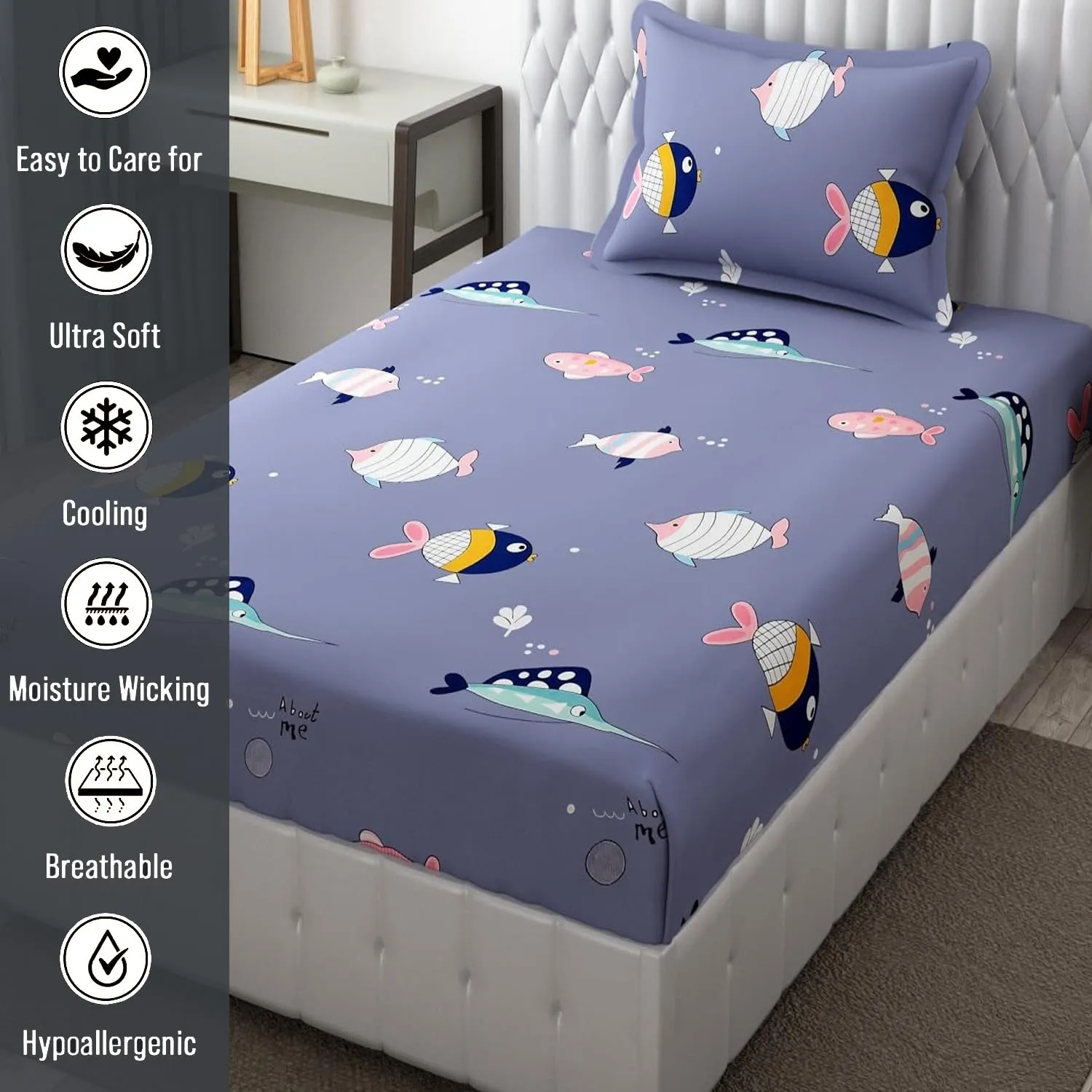 FRESH FROM LOOM Glace Cotton Wrinkle Free Soft Hypoallergenic Elastic Fitted Bed Sheet | Cartoon Printed Bedsheets for Kids with 1 Pillow (Size - 36 x 78 Inches (Fits up to 8 Inch) | Fish/Blue)