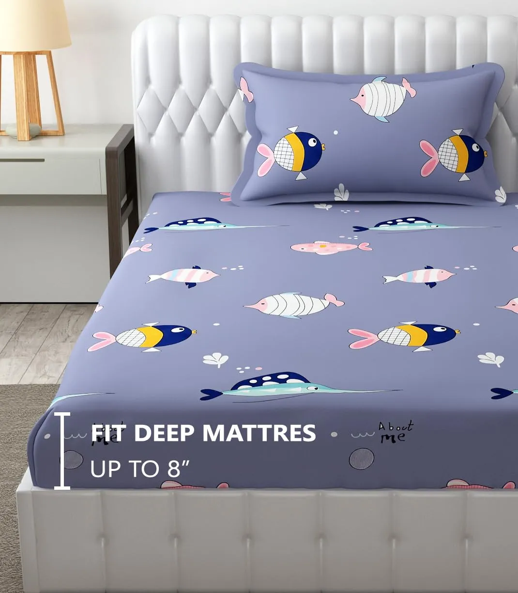 FRESH FROM LOOM Glace Cotton Wrinkle Free Soft Hypoallergenic Elastic Fitted Bed Sheet | Cartoon Printed Bedsheets for Kids with 1 Pillow (Size - 36 x 78 Inches (Fits up to 8 Inch) | Fish/Blue)