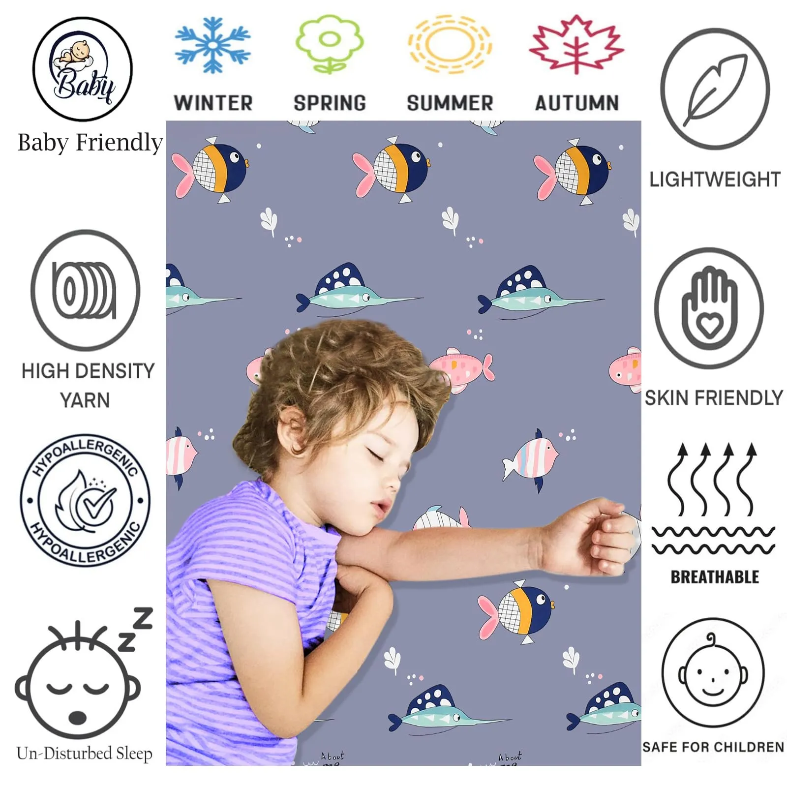 FRESH FROM LOOM Glace Cotton Wrinkle Free Soft Hypoallergenic Elastic Fitted Bed Sheet | Cartoon Printed Bedsheets for Kids with 1 Pillow (Size - 36 x 78 Inches (Fits up to 8 Inch) | Fish/Blue)