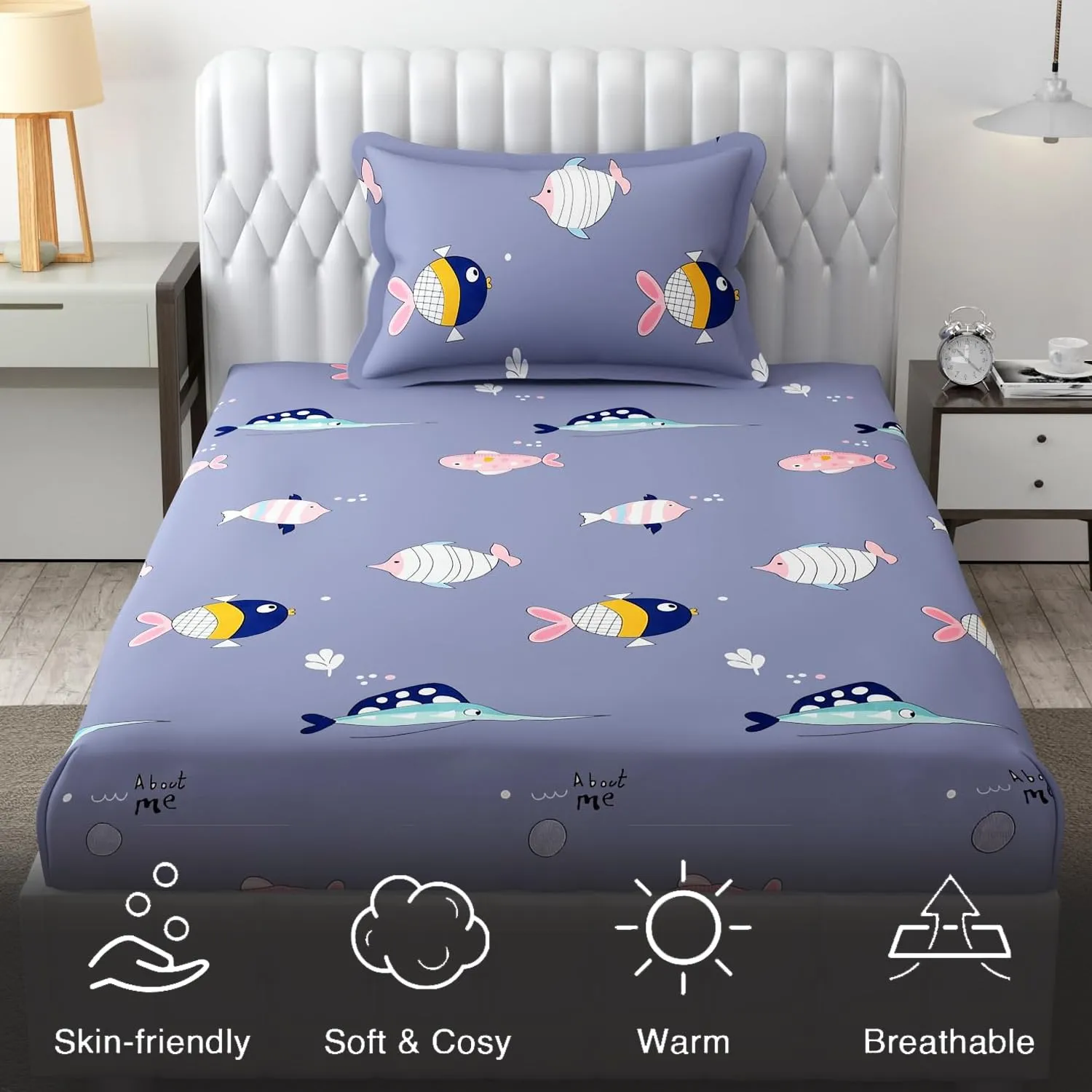 FRESH FROM LOOM Glace Cotton Wrinkle Free Soft Hypoallergenic Elastic Fitted Bed Sheet | Cartoon Printed Bedsheets for Kids with 1 Pillow (Size - 36 x 78 Inches (Fits up to 8 Inch) | Fish/Blue)