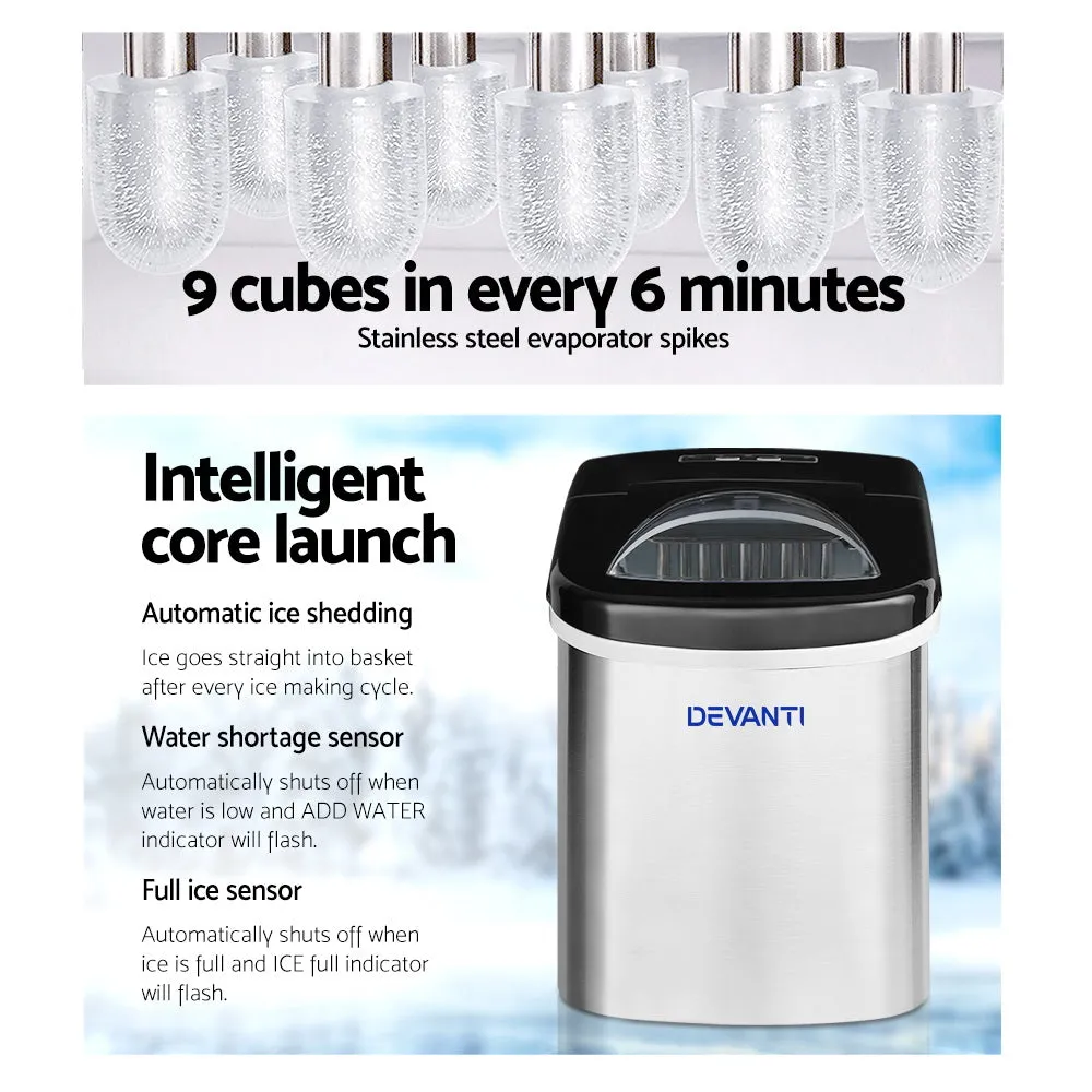 High-Capacity Portable Ice Maker 12kg Stainless Steel Devanti