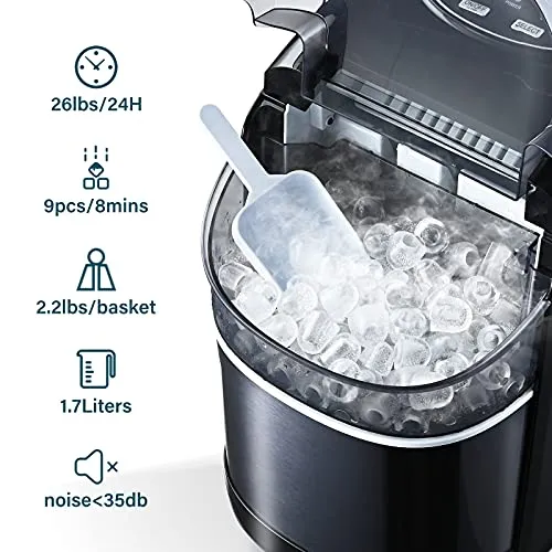 Ice Maker Machine for Countertop, Self-Cleaning Function, 26Lbs/24H Portable Ice Maker, 9 Cubes Ready in 6 Mins, Compact Ice Cube Maker with Ice Scoop & Basket for Home/Kitchen/Office/Bar (Black)