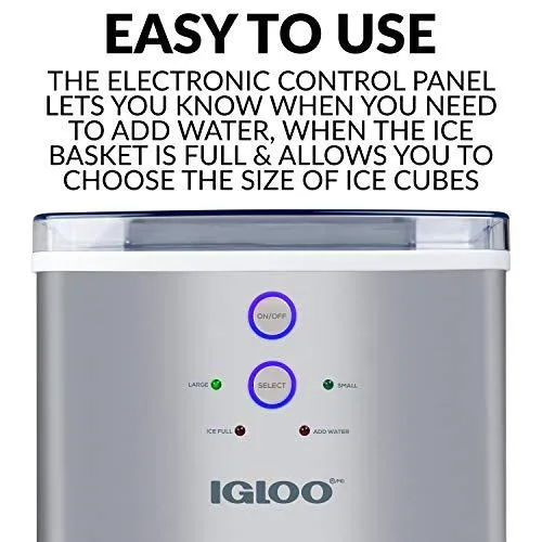 Igloo ICEB33SS Large-Capacity Stainless Steel Automatic Portable Electric Countertop Ice Maker Machine, 33 Pounds in 24 Hours, 9 Cubes Ready in 7 minutes, With Scoop and Basket