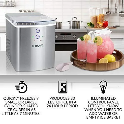 Igloo ICEB33SS Large-Capacity Stainless Steel Automatic Portable Electric Countertop Ice Maker Machine, 33 Pounds in 24 Hours, 9 Cubes Ready in 7 minutes, With Scoop and Basket