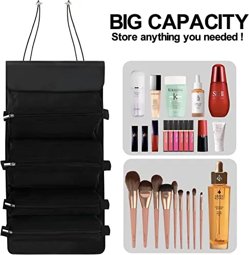 INOVERA Nylon Roll Up Foldable Cosmetic Makeup Kit Storage Organizer Toiletry Bag (Black)