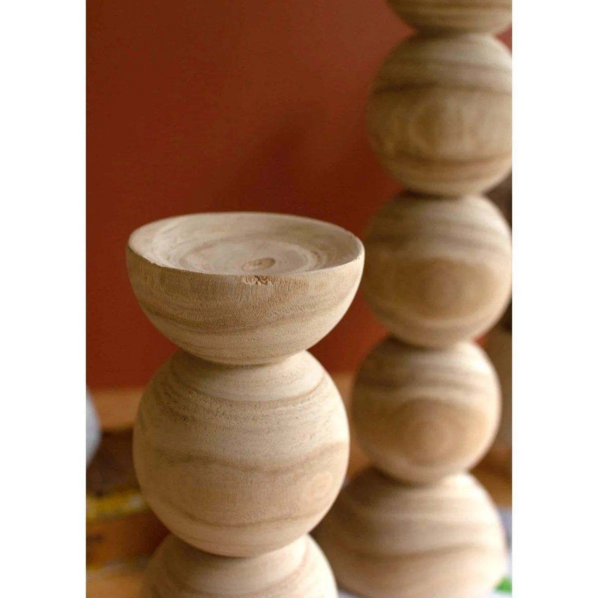 Kalalou - SET OF TWO HAND CARVED WOODEN STACKED BALL CANDLE HOLDERS - CFAN1123