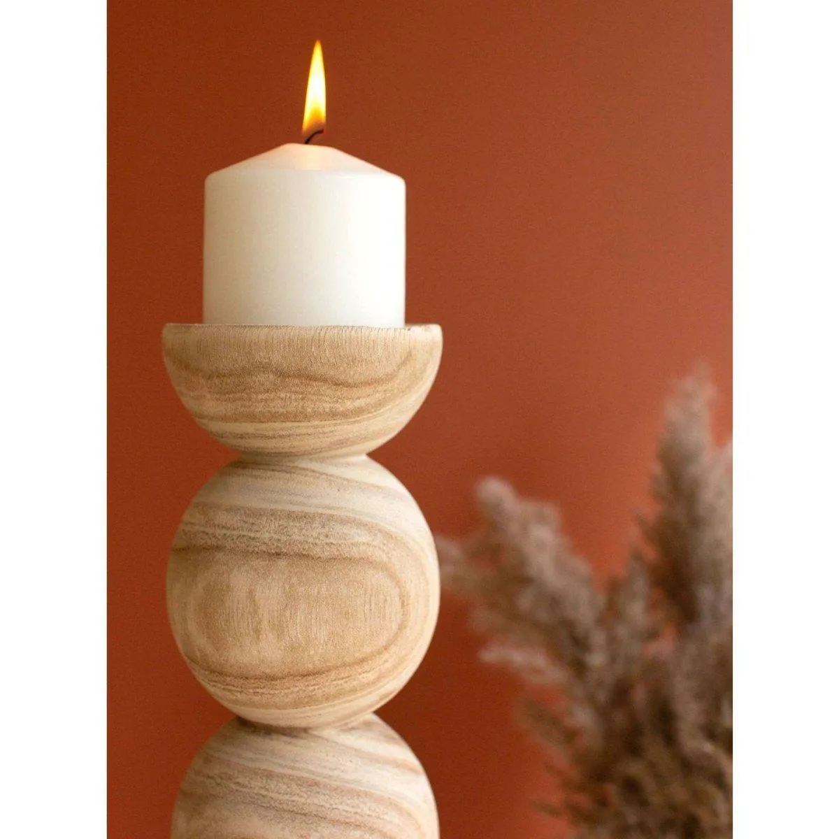 Kalalou - SET OF TWO HAND CARVED WOODEN STACKED BALL CANDLE HOLDERS - CFAN1123