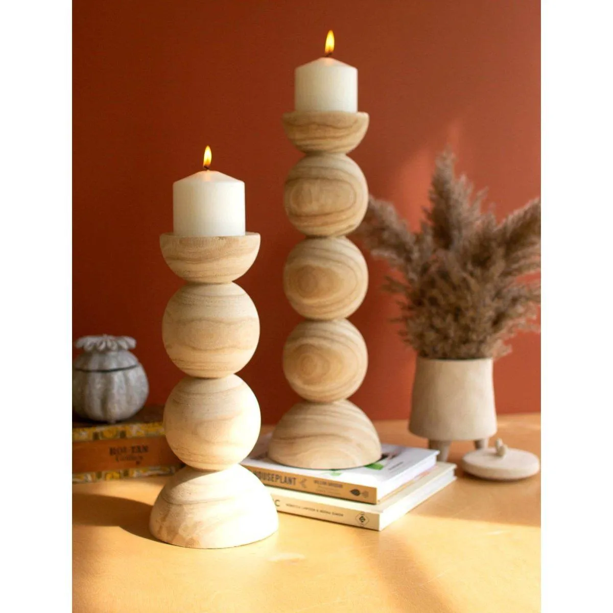 Kalalou - SET OF TWO HAND CARVED WOODEN STACKED BALL CANDLE HOLDERS - CFAN1123