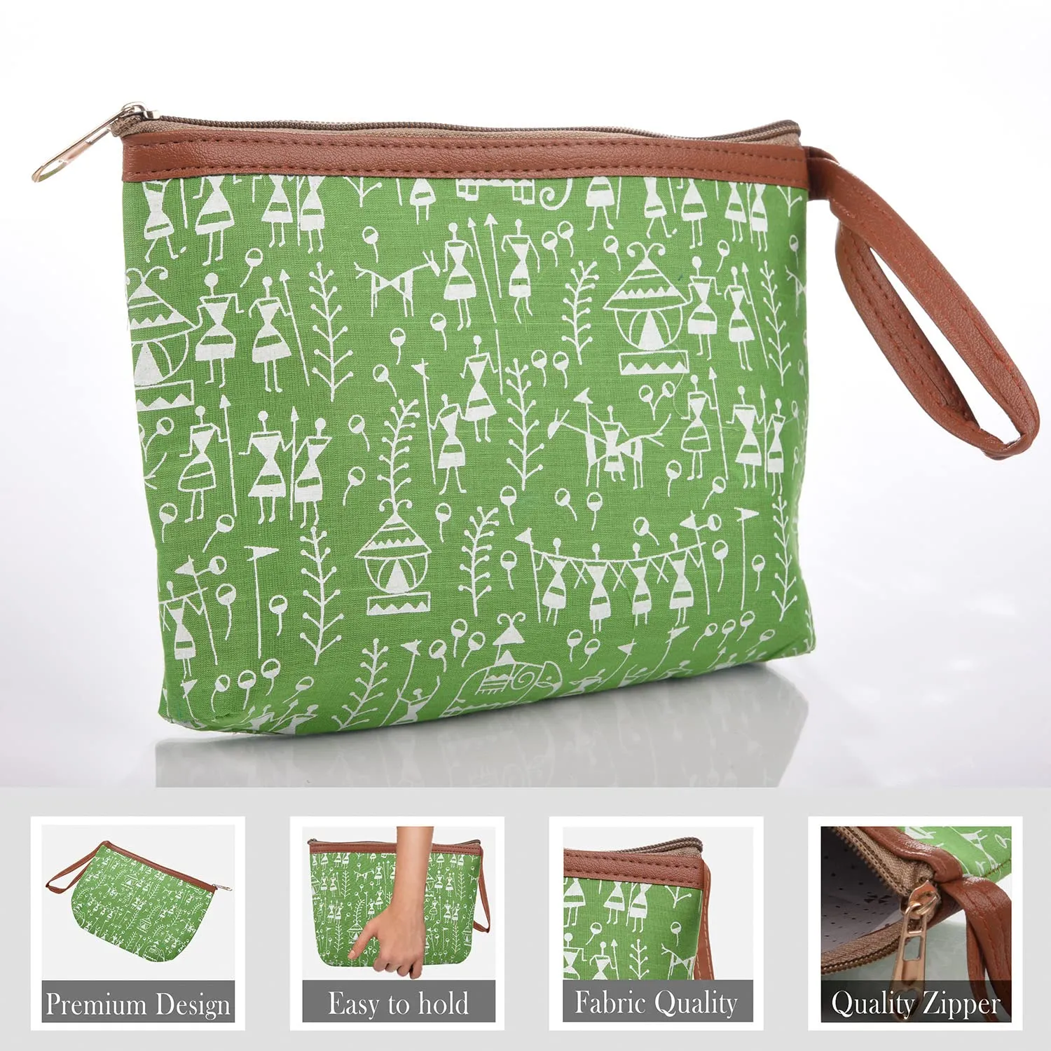 Kuber Industries Toiletry Pouch|Warli Print Travel Cosmetic Pouch|Canvas Waterproof Makeup Pouch with Handle|Pack of 4 (Green)