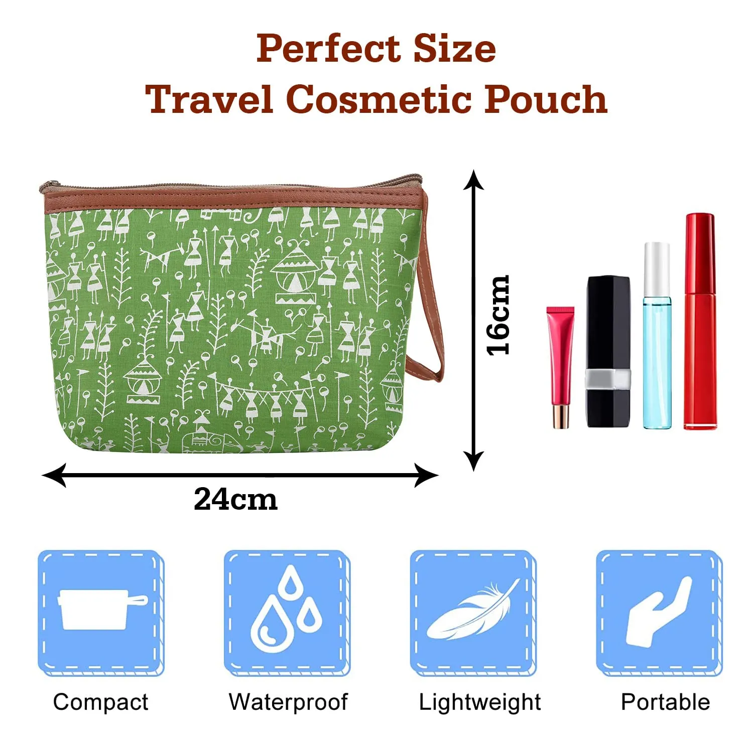 Kuber Industries Toiletry Pouch|Warli Print Travel Cosmetic Pouch|Canvas Waterproof Makeup Pouch with Handle|Pack of 4 (Green)