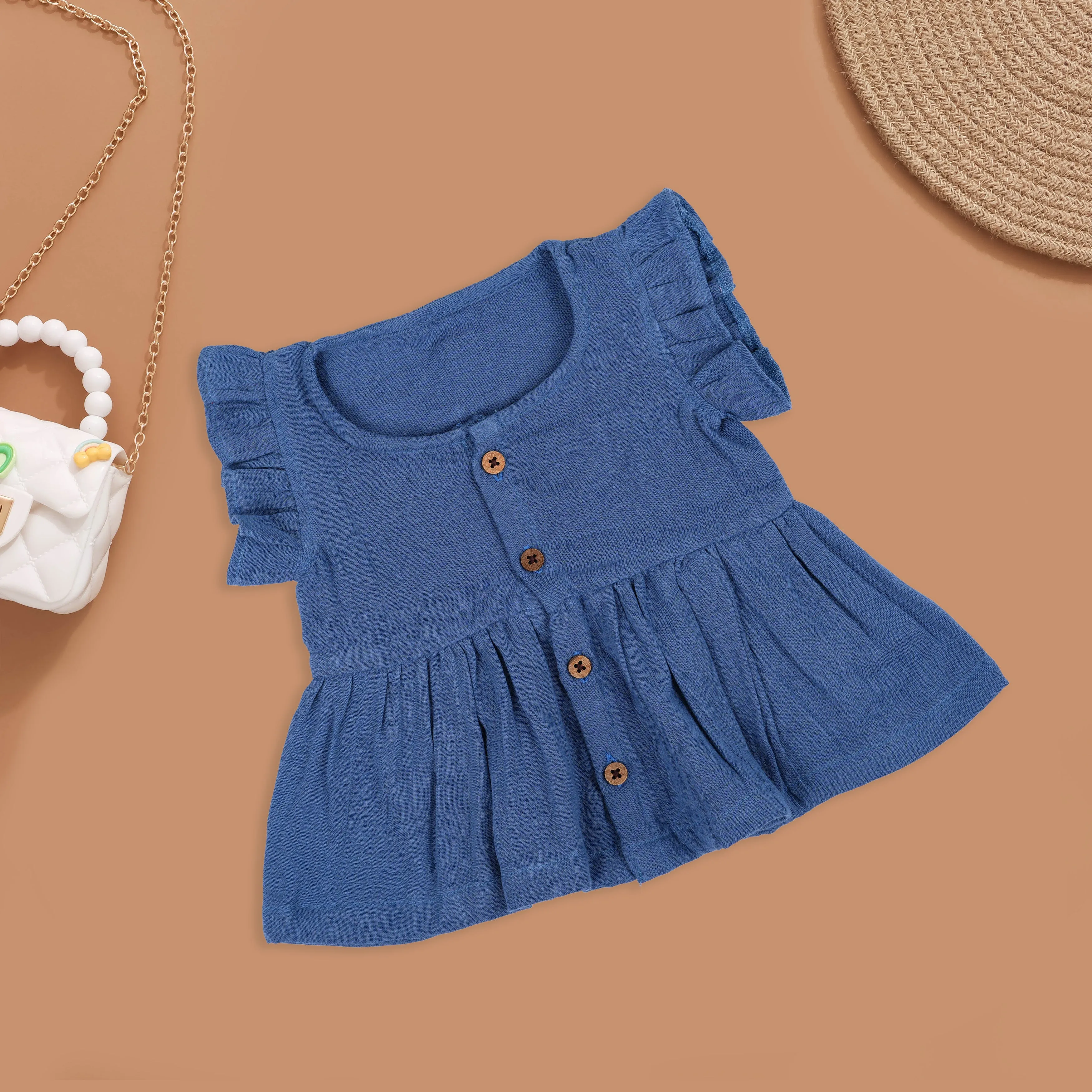 Minimalist Solid Blue Baby Frock with Wooden Buttons