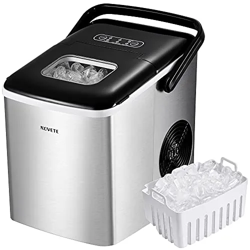 NOVETE Portable Ice Maker for Countertops, Ice Ready in 6 Minutes, 28.7 lb Ice in 24 Hours, No Water Line or Drain Line Required, Home Ice Machine with Ice Scoop and Basket