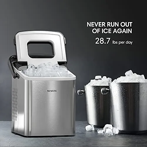 NOVETE Portable Ice Maker for Countertops, Ice Ready in 6 Minutes, 28.7 lb Ice in 24 Hours, No Water Line or Drain Line Required, Home Ice Machine with Ice Scoop and Basket