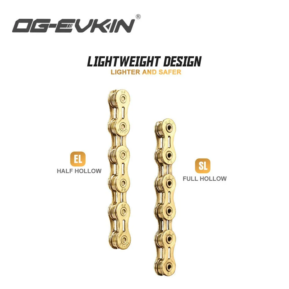 OG-EVKIN C-01 9/10/11 Speed Bicycle Chain Half/Full Hollow Bike Chain Mountain/Road Chains Ultralight 116 Quick Link Gold/Silver