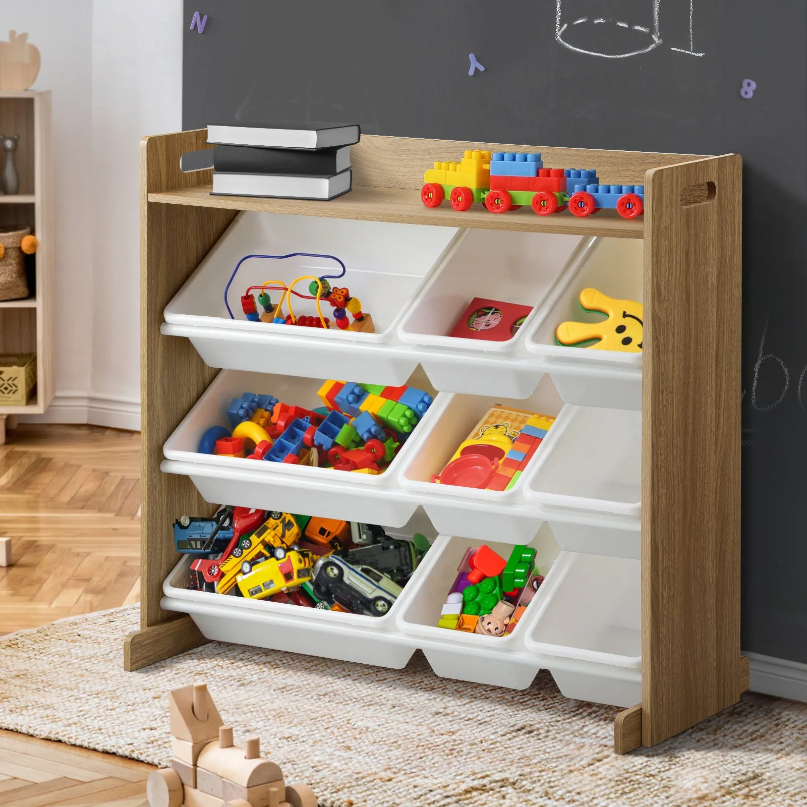 Oikiture 9 Bins Kids Toy Box Bookshelf Organiser Display Shelf Storage Rack