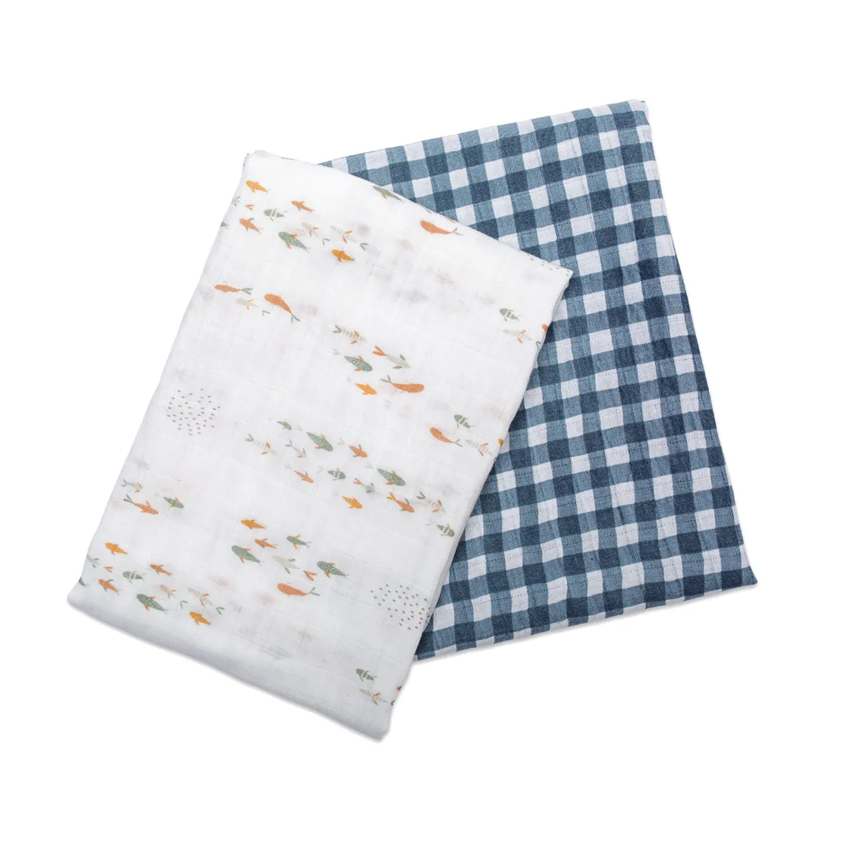 Pack of 2 Swaddle Blankets Multipurpose Muslins - Fish / Navy Gingham