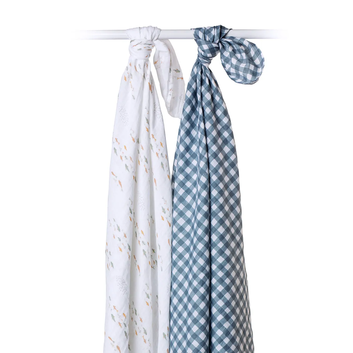 Pack of 2 Swaddle Blankets Multipurpose Muslins - Fish / Navy Gingham