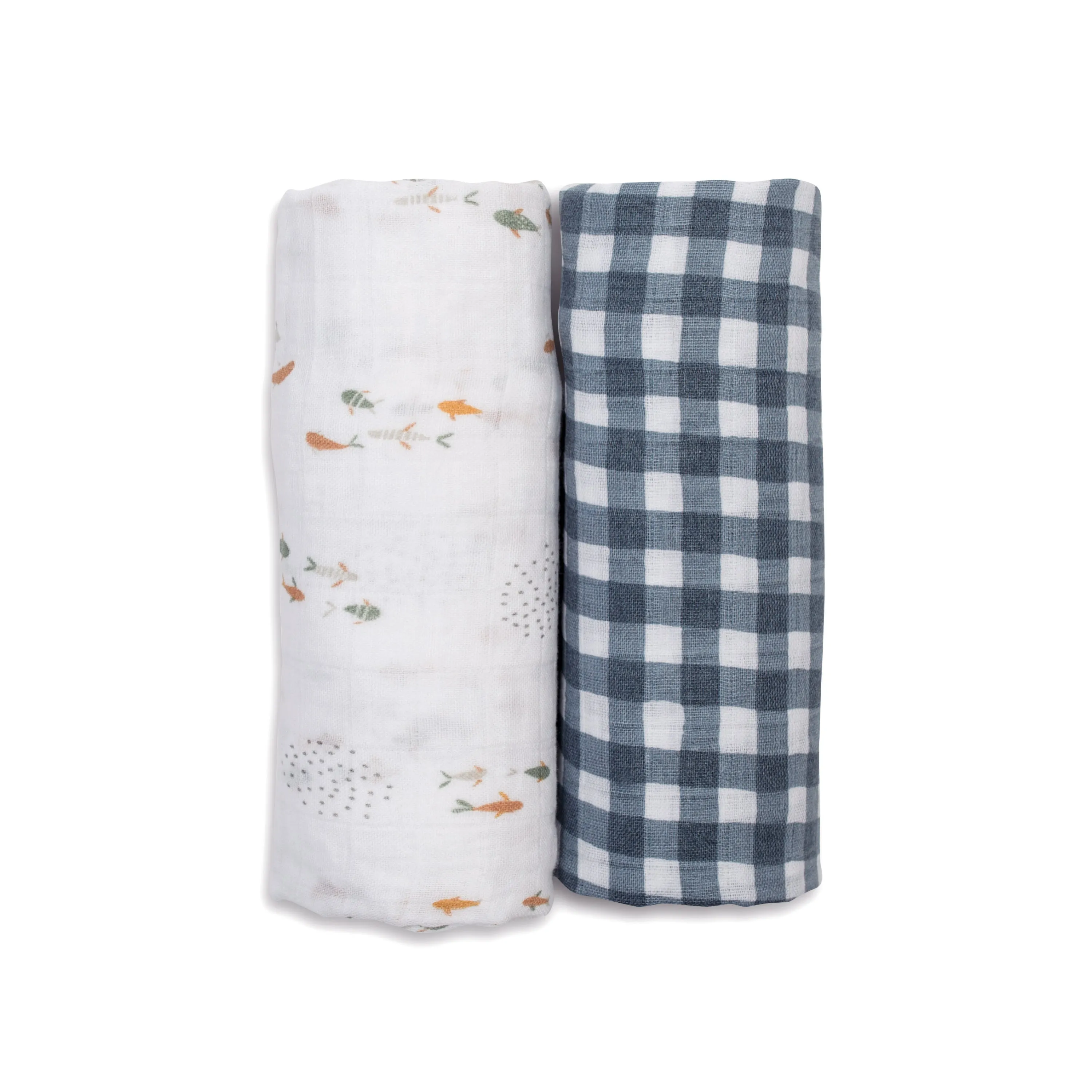 Pack of 2 Swaddle Blankets Multipurpose Muslins - Fish / Navy Gingham