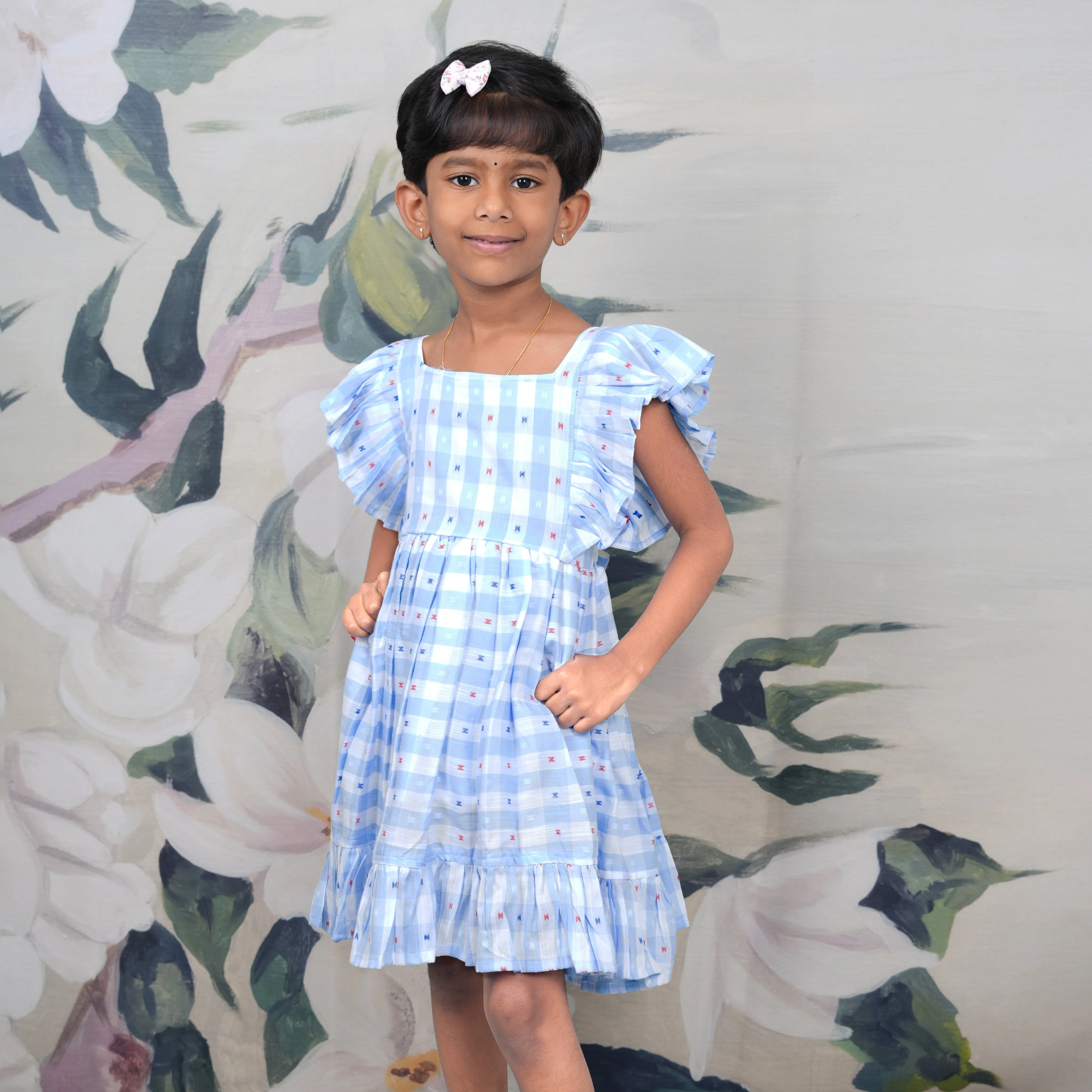 Playful Blue Checkered Frock for Little Girls