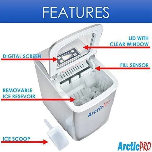 PORTABLE DIGITAL ICE MAKER MACHINE by Arctic-Pro with Ice Scoop, First Ice in 6-8 Minutes, 26 Pounds Daily, Great for Kitchens, Tailgating, Bars, Party, Small/Large Cubes, Silver, 11.5x8.7x12.5 Inch