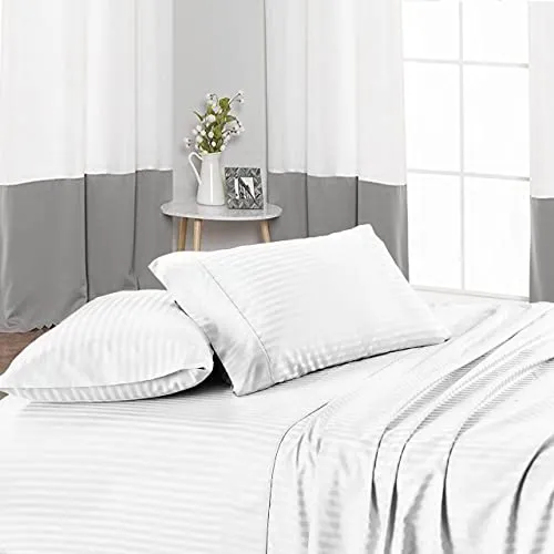 SATEEN BEDDING STORE 400 Thread Count Super Soft Elastic Fitted Bedsheet with 2 Pillow Cover- 100% Cotton 10" Deep Pocket of Fitted Sheet- All Around Elastic Fitted 3 PC Set-White Stripe,Single Size