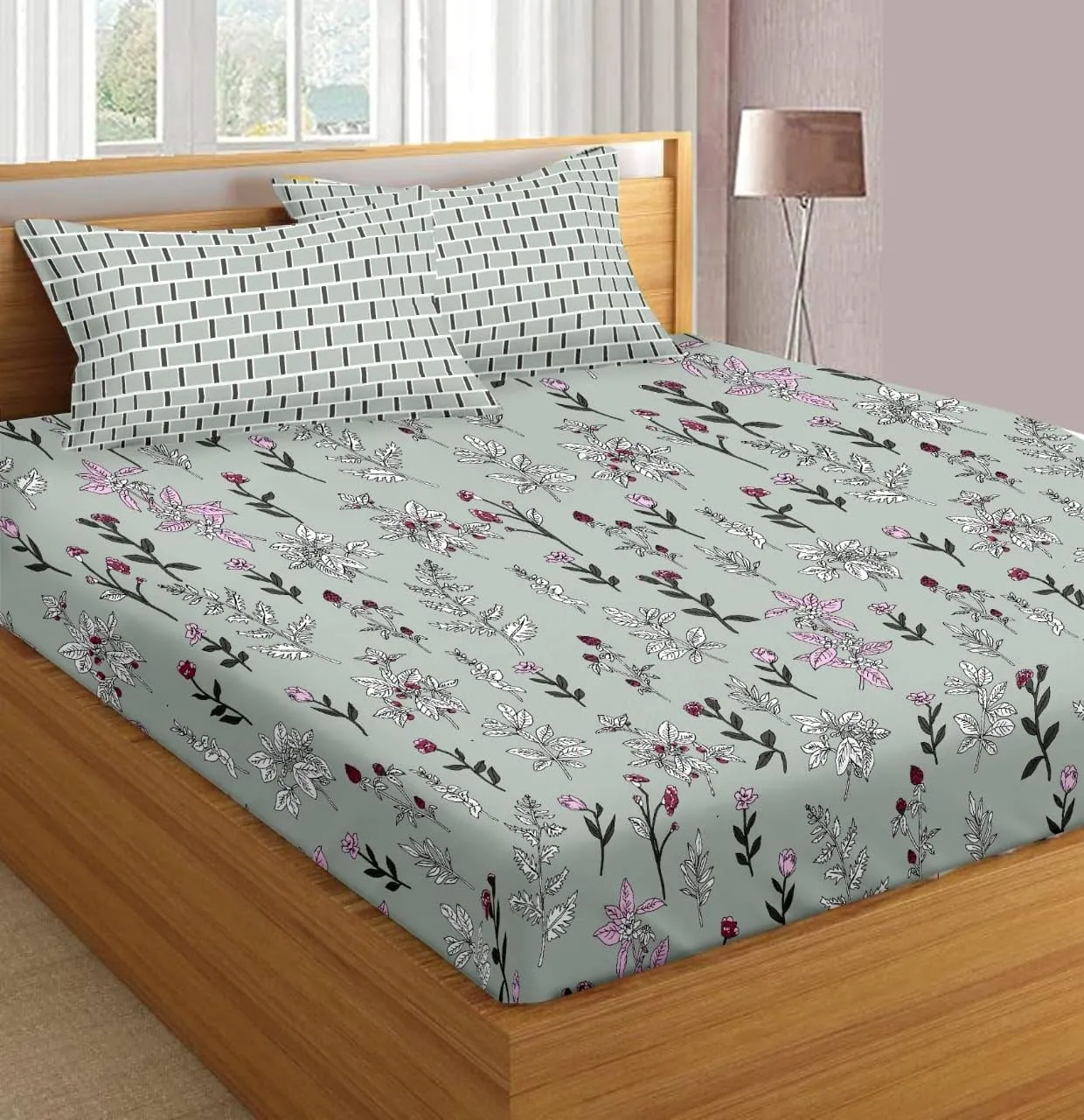 Trance Home Linen 100% Cotton 78"x60" Standard Queen Size Elastic Fitted Bedsheet | Printed Queen Bed Size Fitted Bedspread with 2 Pillow Covers (Queen 78x60 inch, Misty Green Carnations)