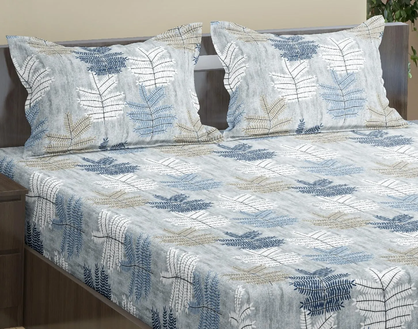 Trance Home Linen 100% Cotton 78"X72" Standard King Size Elastic Fitted Bedsheet | Printed King Bed Size Elasticated Fitted Bedspread With 2 Pillow Covers (King 78X72 Inch, Ferns Blue), 180 tc