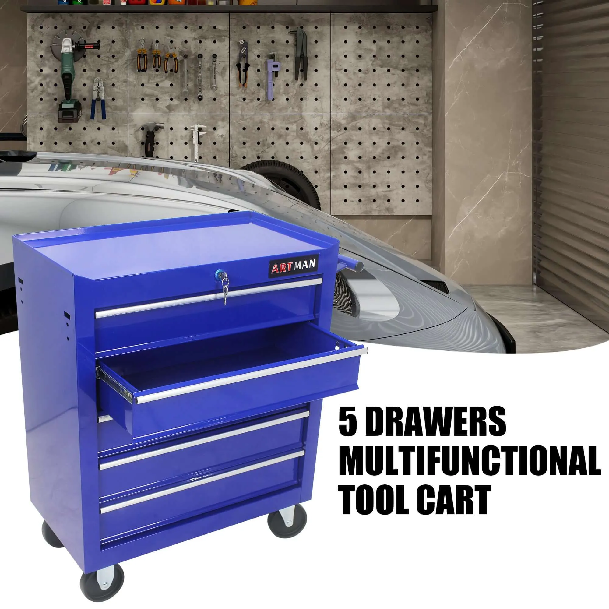 Versatile Blue Tool Organizer Cart with 5 Drawers and Wheels