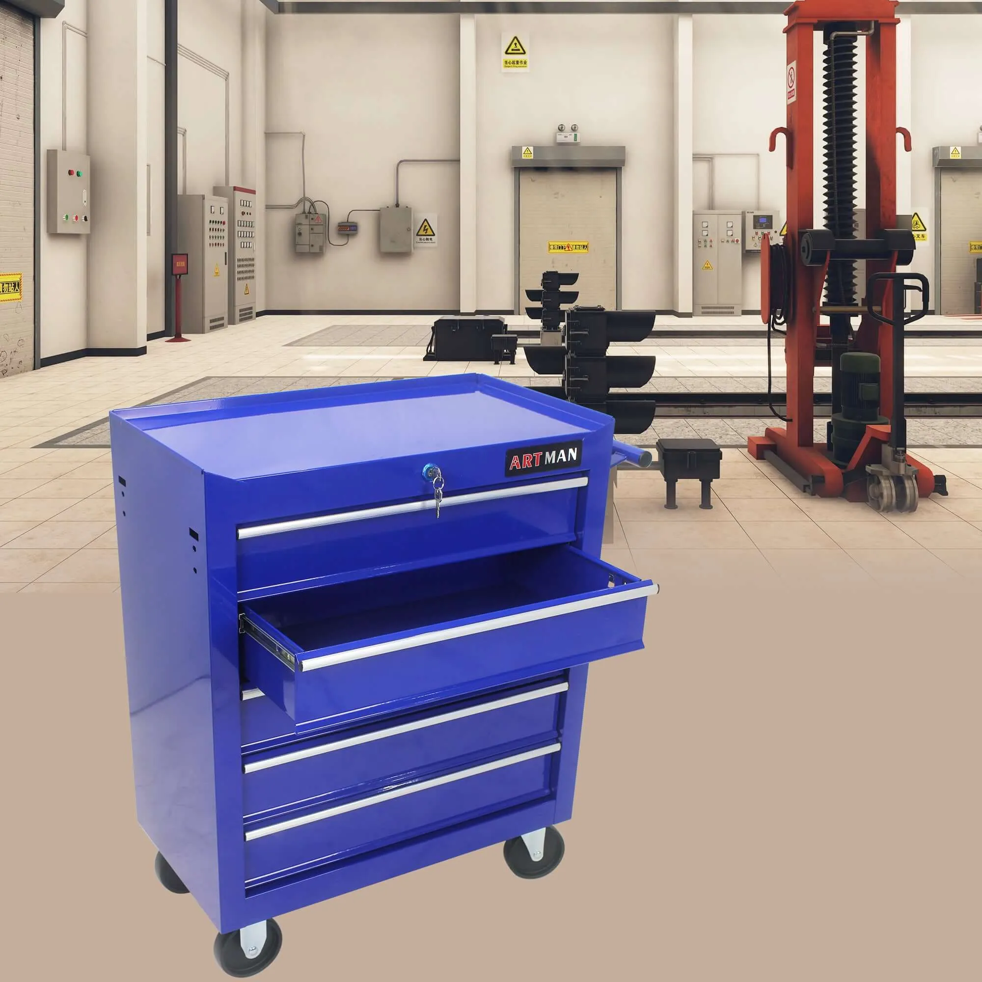 Versatile Blue Tool Organizer Cart with 5 Drawers and Wheels