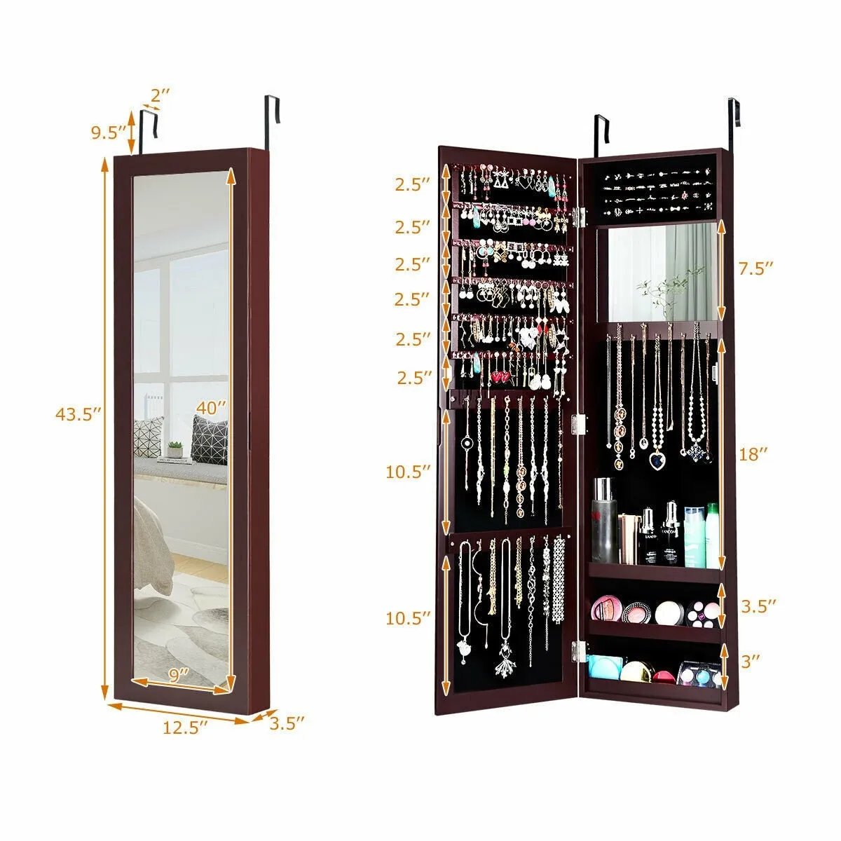 Wall Door Mounted Mirrored Jewelry Cabinet Storage Organizer