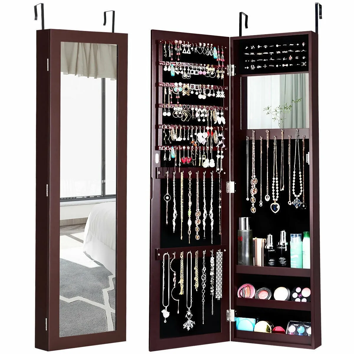 Wall Door Mounted Mirrored Jewelry Cabinet Storage Organizer